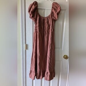 Brown Puff Sleeve Linen Blend Dress